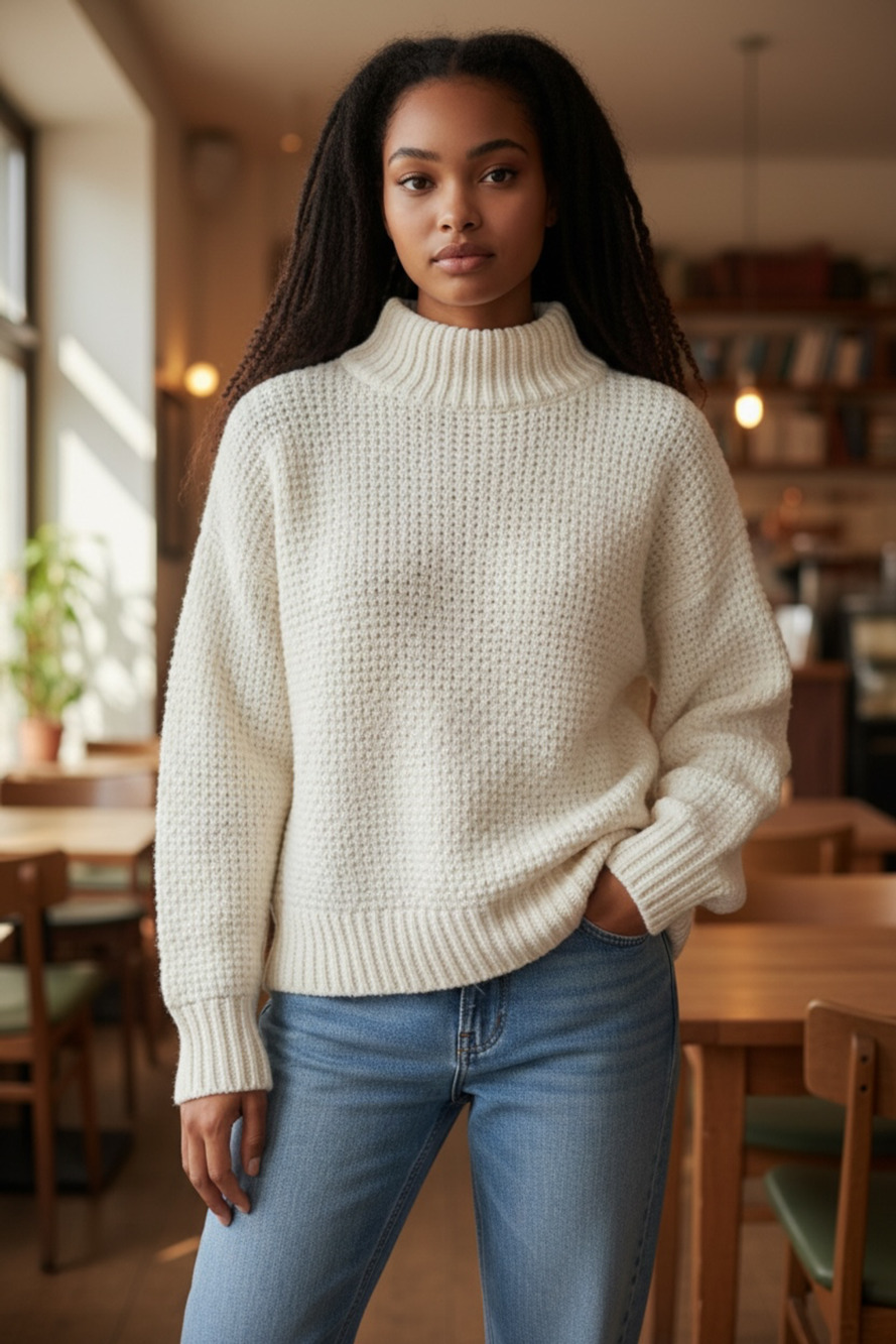 adyp Women's Chunky Knit Mock Neck Pullover Sweater Off White